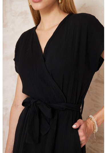 Kadın %100 Müslin Pamuk Yırtmaçlı Kruvaze Beli Kuşaklı Salaş Uzun Günlük Elbise 3612330 Siyah