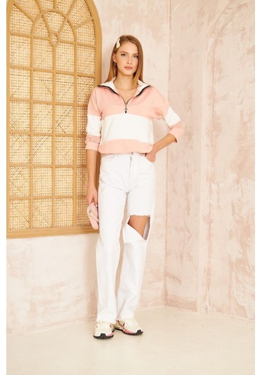 Kadın Uzun Kol Fermuarlı Polo Yaka Color Block Basic Salaş Sweatshirt Bluz 3471210 Pudra