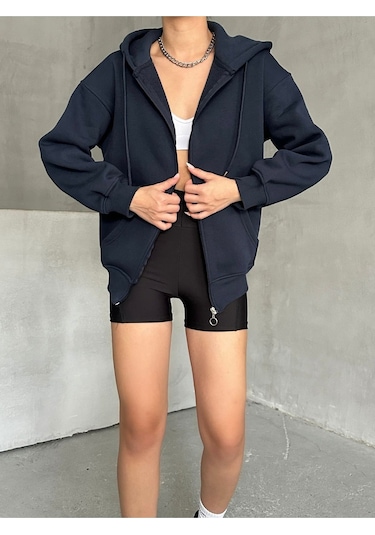 Kadın Fermuarlı Oversize Sweat Hırka Lacivert