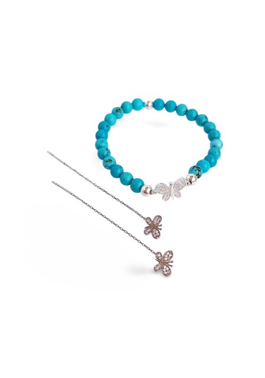 Gümüş Firuze Turkuaz Doğal Taşlı Bileklik Kelebek Zincir Küpe Çoklu Kombin Açık Mavi