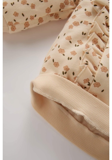 DeFacto Kız Bebek Bisiklet Yaka Çiçek Desenli İçi Yumuşak Tüylü Sweatshirt D7186A524WNBG744 Bej