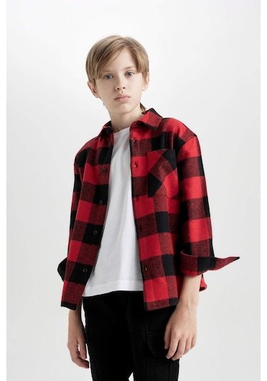 DeFacto Erkek Çocuk Oversize Geniş Kalıp Polo Yaka Pamuklu Uzun Kollu Kareli Gömlek D9721A824WNRD350