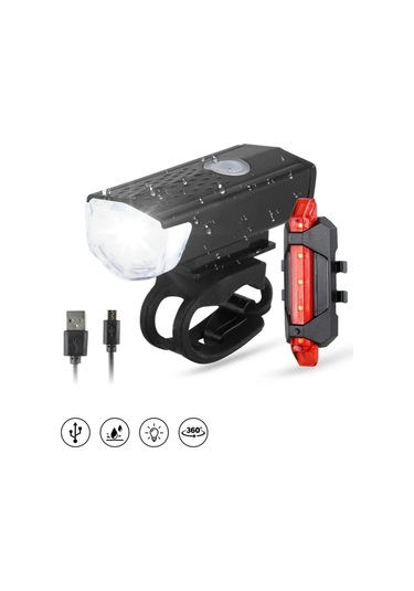 Usb Şarjlı Bisiklet Ön-arka Far Stop Lambası Seti Siyah