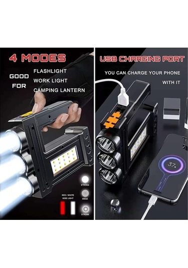 Funtree Işıklı Parlak Led El Feneri, 1000 Yüksek Lümen, Siyah Model, 1000 Lümen Siyah El Feneri Siyah