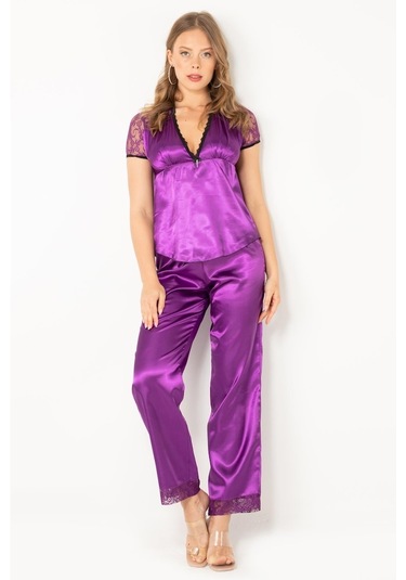 Miorre Kadın Dantel Detaylı Kısa Kollu Saten Pijama Takımı