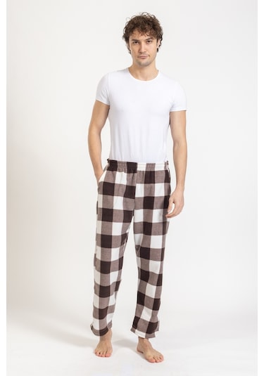 Erkek Polar Kışlık Eşofman Alt Desenli Tampap Polar Alt- 1060 Krem