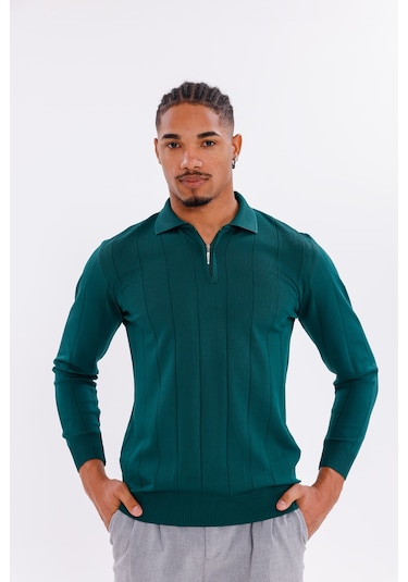 Monox Erkek Yarım Fermuarlı Polo Yaka Triko Kazak Zümrüt