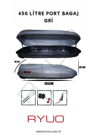 Ryuo Araç Üstü Tabut Port Bagaj 450 Litre Gri