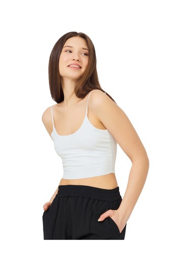 Krem Ayarlanabilir İnce Askılı Lazer Kesim Kadın Crop Büstiyer