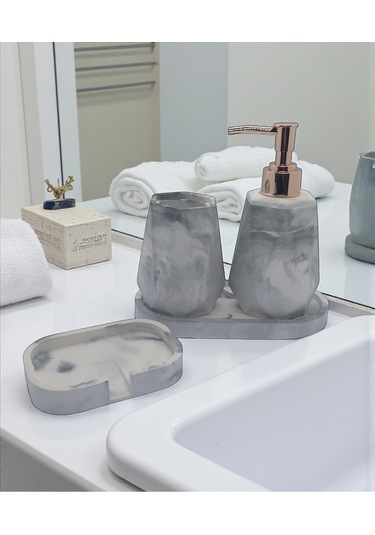 4 Lü Taş Banyo Seti Beyaz - Gri Mermer Desenli 4'lü Sabunluk Seti Gri