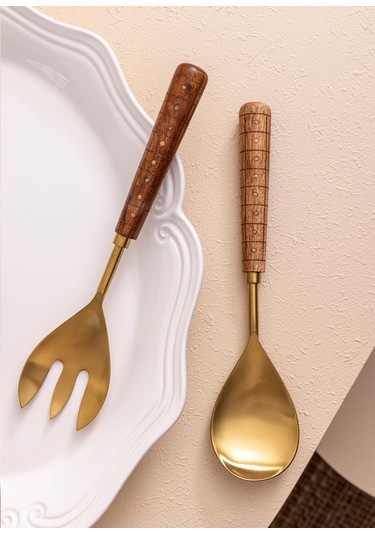 The Mia Wood Salata Servis Takımı 2 Parça Gold