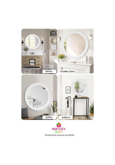 Safir Beyaz Dekoratif Ayna Yuvarlak Işlemeli Duvar Aynası 69 Cm