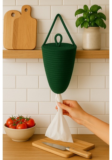 Poşetlik Halat İp El Dokuma Duvar Askılı Saklama Torbası Ev Düzenleme Aksesuarı Sepet 30 X 20 Cm Yeşil