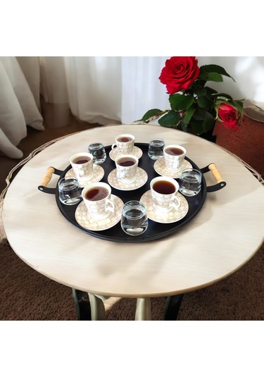 Tepsi Seti Ahşap Kulplu Siyah Metal Çay Tepsisi Kahve Tepsisi