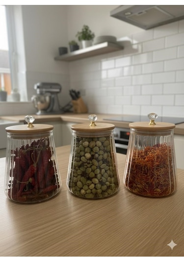 Qerhome Borosilikat Cam Kristal Figürlü Şık Çizgili Chef Prime Cam Kavanoz Mutfak Seti 3 Adet 750 Ml Şeffaf