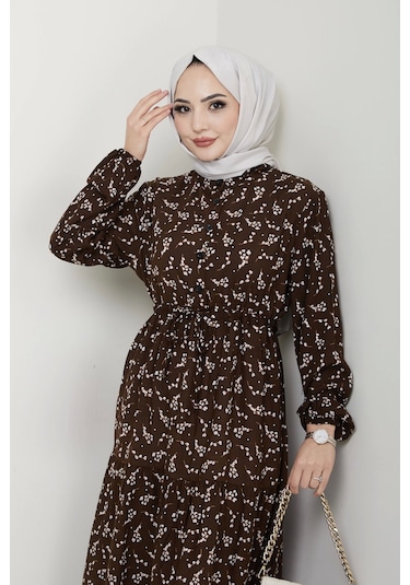 Yaprak Desenli Bağlamalı Viskon Elbise - Kahverengi / E0125 Kahverengi