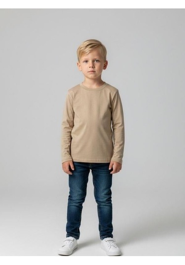Zekids Erkek Çocuk Pamuklu Uzun Kol Basic T-shirt-16713 Bej