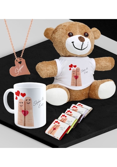 Kişiye Özel Sevgili Peluş Ayı Kupa Madlen Çikolata Ve Rose Kalp Kolye Set - 84