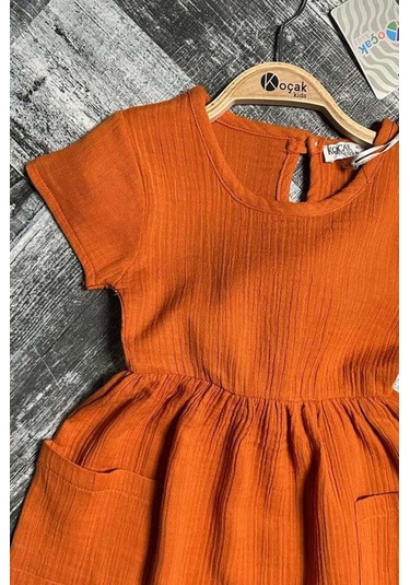 Riccotarz Kız Çocuk Çift Cepli Salaş Kesim Kolsuz Kiremit Müslin Elbise Kiremit