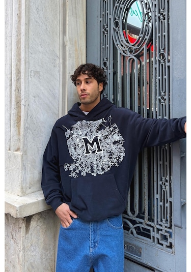 Flaw M Baskılı Hoodie-28588 Lacivert