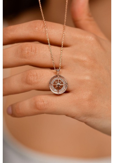 Zirkon Taşlı Rose Pusula Gümüş Kolye N10137