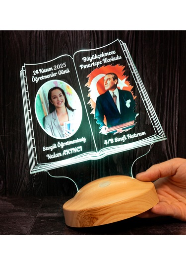Öğretmene Hediye Renkli Öğretmen Resmi Baskılı Renklendirilmiş Atatürk Görselli 24 Kasım Hatırası Led Lamba Çok Renkli