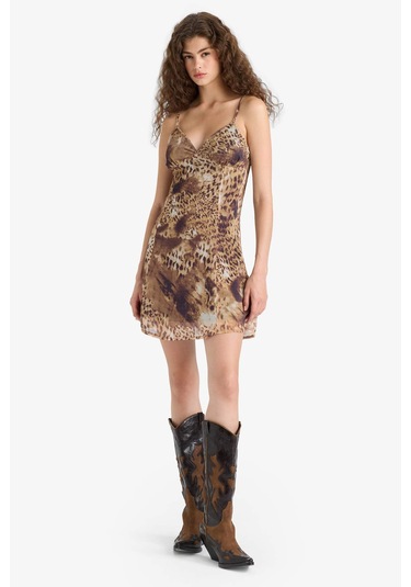 Defacto V Yaka Leopar Desenli Şifon Askılı Mini Elbise F7946ax25smbn341 Kahve