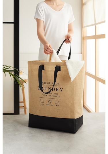 Ocean Home Textile Su Geçirmez Tabanlı Jüt Çamaşır Çantası 40 x 25 x 55 cm