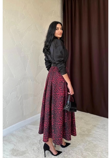Bordo Leopar Büzgülü Uzun Etek Bordo