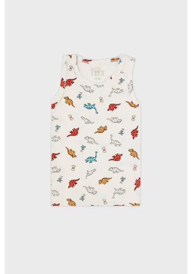 Lela Desenli Streç Pamuklu Bisiklet Yaka Atlet Boxer 2'Li Iç Giyim Erkek Çocuk Takım 6651010 Ekru-Kırmızı