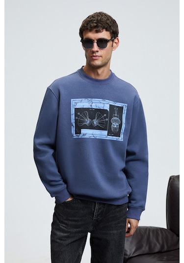 Grimelange LUCIAN Erkek Göğsü Baskılı Yuvarlak Yaka Regular Fit İndigo Sweatshirt