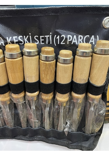 12 Parça Profesyonel Iskarpela Ahşap Saplı Oyma Seti Özel Çantalı