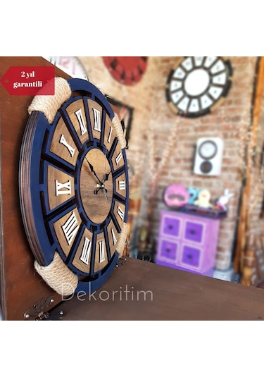 Ultra Kalın(1,5 Cm)Kişiye Özel Halatlı Duvar Saati Lacivert Ahşap