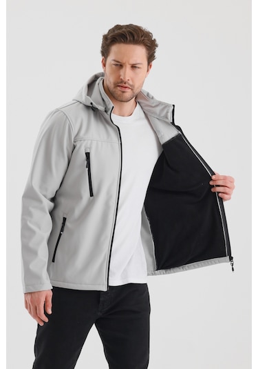 Çıkartılabilen Fermuarlı Kapüşon Cepli İçi Polarlı Su Geçirmez Softshell Erkek Mont Taş Taş