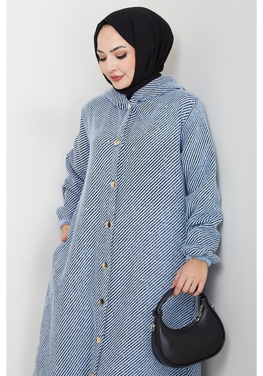 Çizgi Detay Kapüşonlu Kaşe Kap 1634 - Mavi Mavi