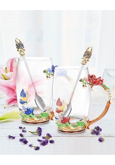 Novahub Aiseely Şık Çiçek Desenli Kırmızı Cam Çay Seti: Bardak, Kaşık, Hediye Kutusu Ve Çay Poşetleri Çok Renkli