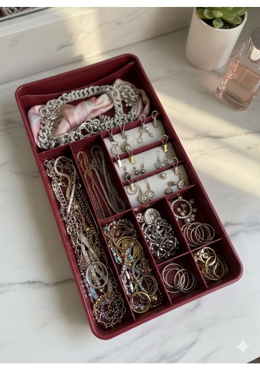 Lunihome Takı Kutusu Çeyiz Mücevher Düzenleyici Yüzük Küpe Kolye Seyahat Organizeri Kırmızı