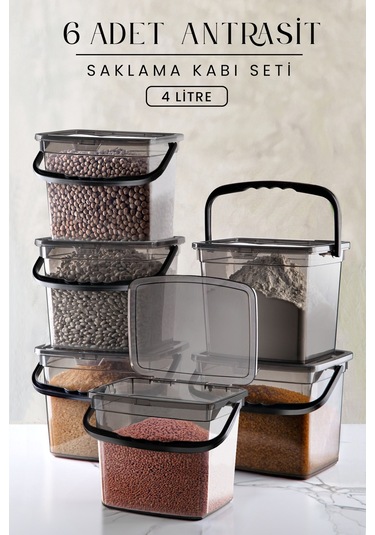 Kitchen Life Mega Boy 6'lı Kare Un Baklüyat Kabı 4 Litre - Kulplu Deterjanlık Saklama Kutusu Kabı 6 Adet