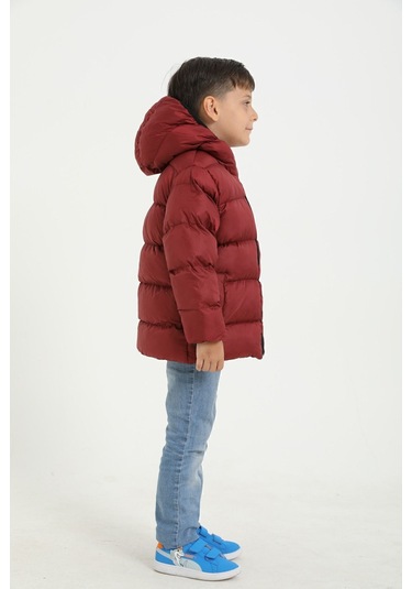 Freemen Erkek Çocuk Bordo Polarlı Kapüşonlu Su Geçirmez Rüzgara Dayanıklı Şişme Kışlık Mont Bordo