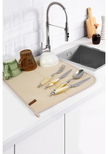 Basic Bulaşık Kurutma Matı 46x36 cm Kurulama Bezi Kurutma Örtüsü Tezgah Üstü Bej