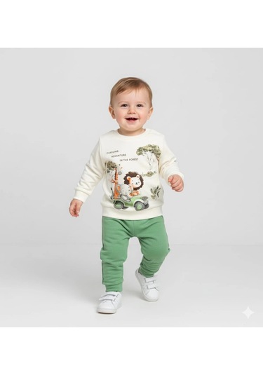 Erkek Bebek Orman Hayvanları Baskılı Alt Üst İkili Gündelik Takım Yeşil