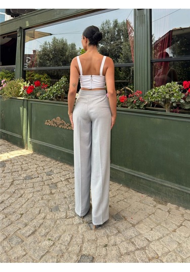 WeShaya Gri Keten Karışımlı Düz Paça Pantolon Gri
