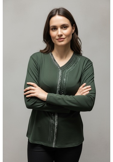 Kadın Önü Kapalı Düğme Detaylı Taşlı Nergis Mevsimlik Bluz Haki