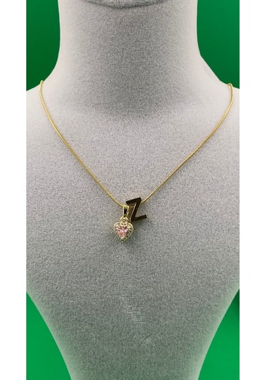 14k Altın Renginde Z Harf Pembe Kalpli Minimal Çelik Kadın Kolye Altın