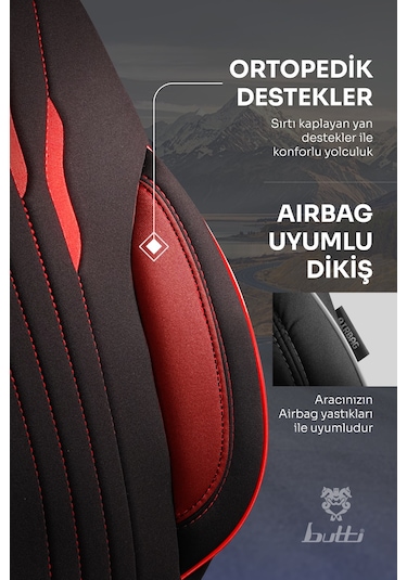 Siyah - Kırmızı Garni Buttı Talos Serisi Premium Oto Koltuk Kılıfı Ortopedik Destekli, Ön Arka Tam Set, Aırbag Uyumlu
