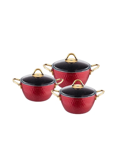 Özkent K-596 Hira Granit 3 Lü Tencere Takımı Kırmızı 18-20-22 Cm
