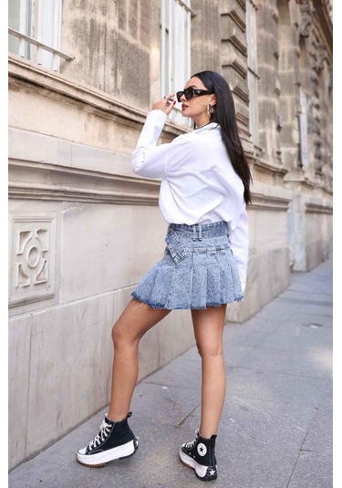 Bpm Kemerli Pileli Denim Etek 001