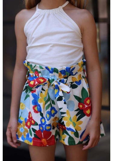 Riccotarz Kız Çocuk Renkli Flower Baskı Ve Halter Yaka White Bluz Şortlu Takım 001