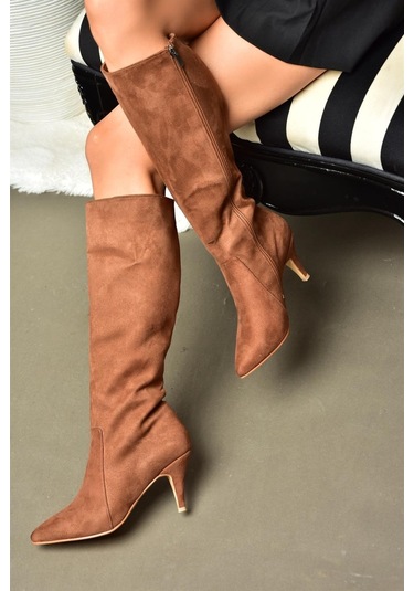 Fox Shoes R372453002 Taba Süet İnce Topuklu Kadın Çizme Taba