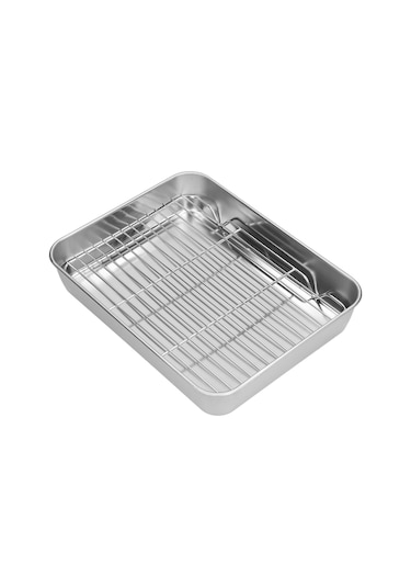 Geeroyoo Stainless Steel Fırın Tepsisi Ve Izgara Seti - Derin Kenarli, Yemekleri Tutar, Yağ/suyu Akıtır - 23.5x17.5x5 Cm Sağlıklı Materyal Diğer